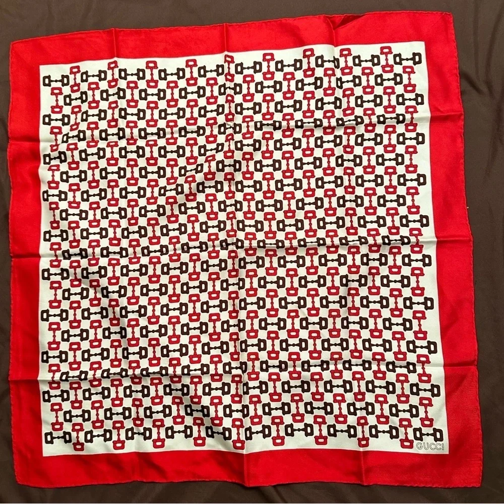 COPY - Gucci Large Scarf horsebit pattern Red Beige 60x60cm Silk Vintage